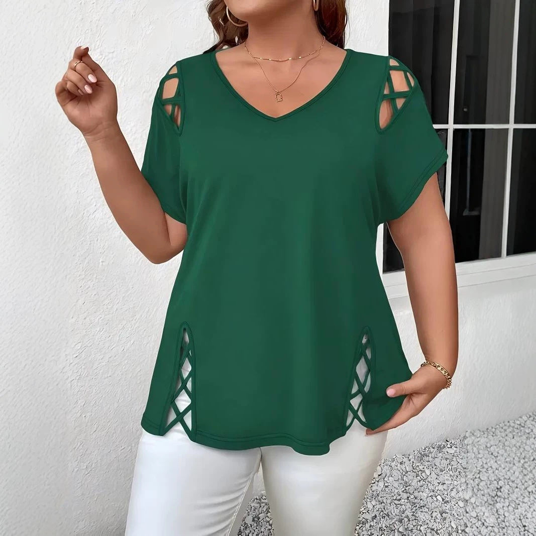 Women's Summer Casual Short-sleeved Shoulder Side Cross Large Size T-shirt
