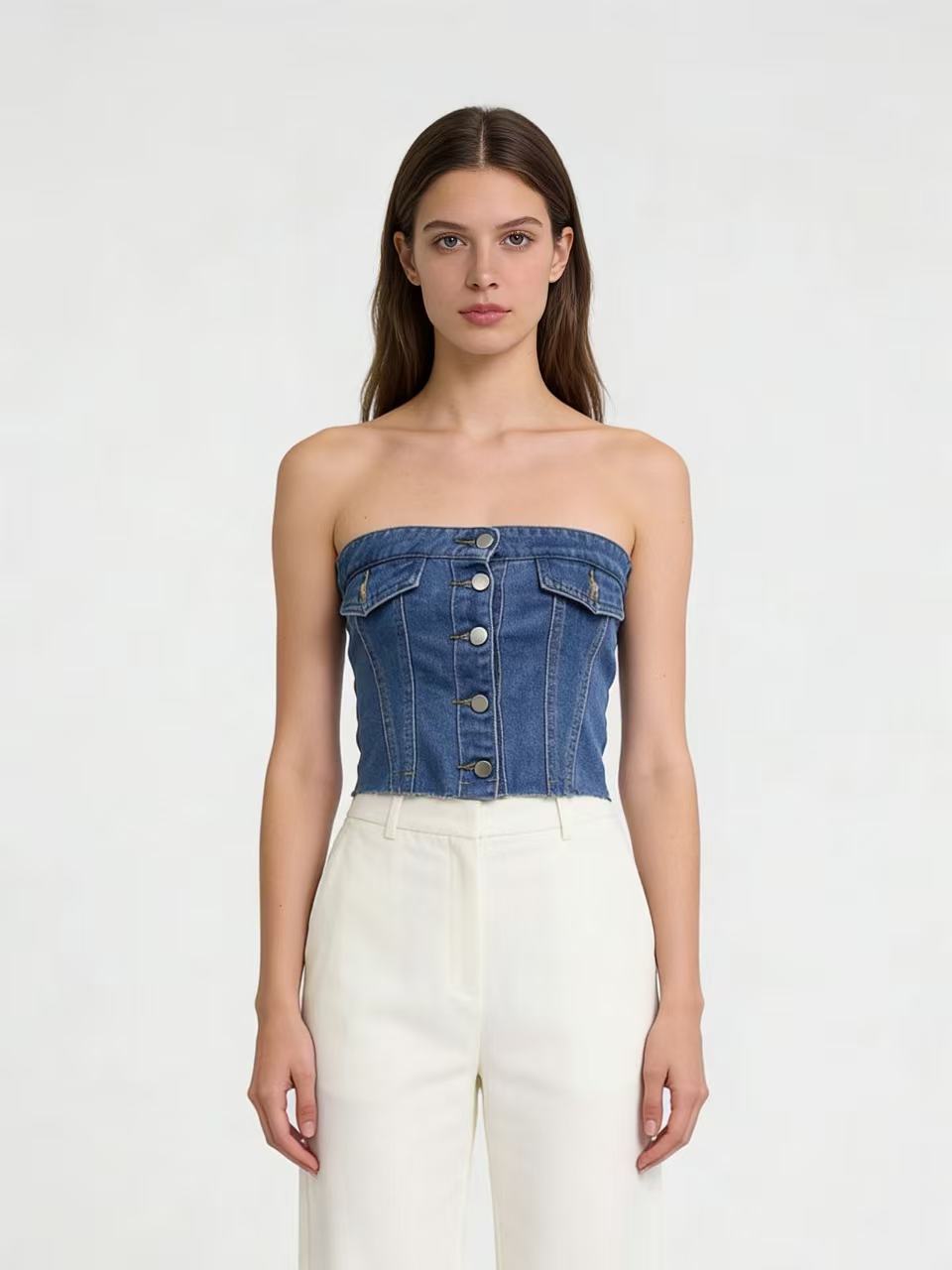 Graceful Blue Cotton Sexy Denim Tube Tops