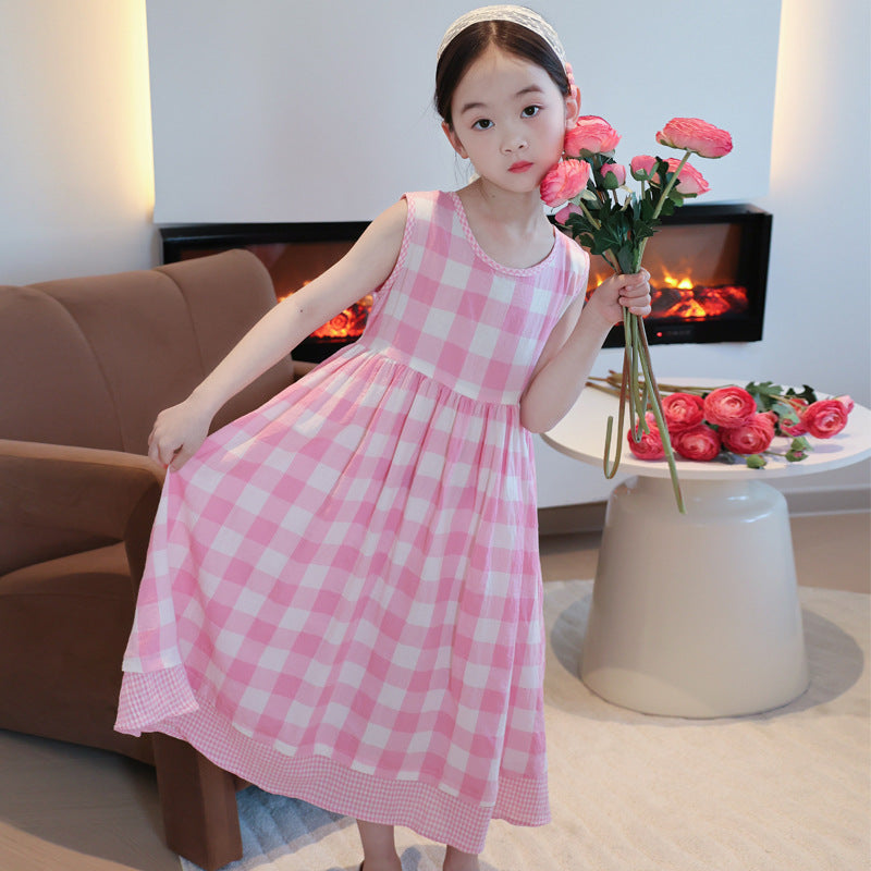 Pink Summer Seaside Skirt Sleeveless Cotton Children's Dress