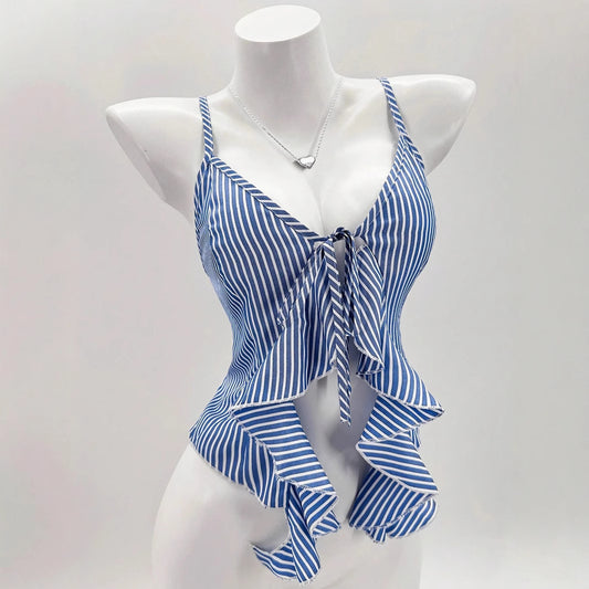 Fashion Sexy Hot Lace Up Sling Irregular Hem Backless Striped Tops