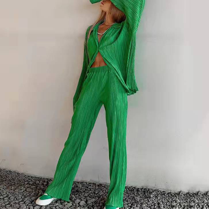Solid Color Texture Loose Slimming Pleated Casual Pants