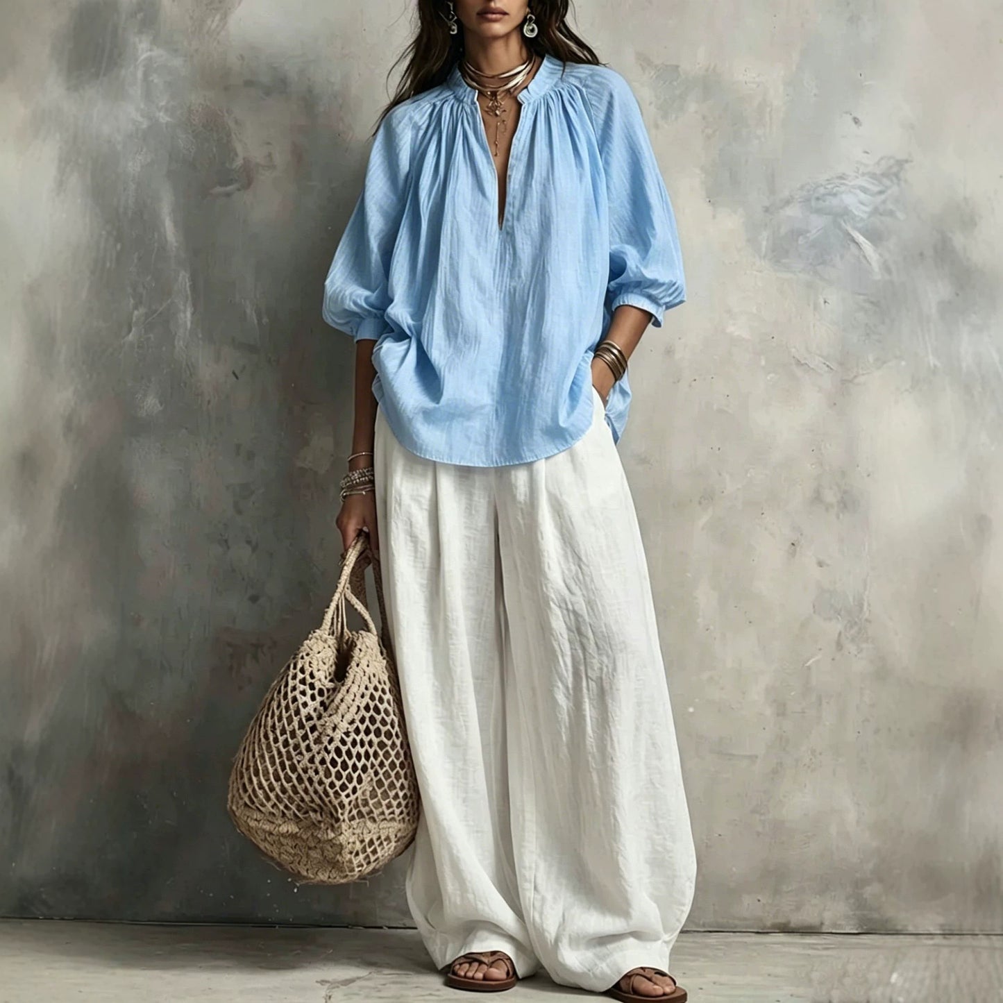 Shirt Loose Slimming Middle Sleeve Vacation Tops