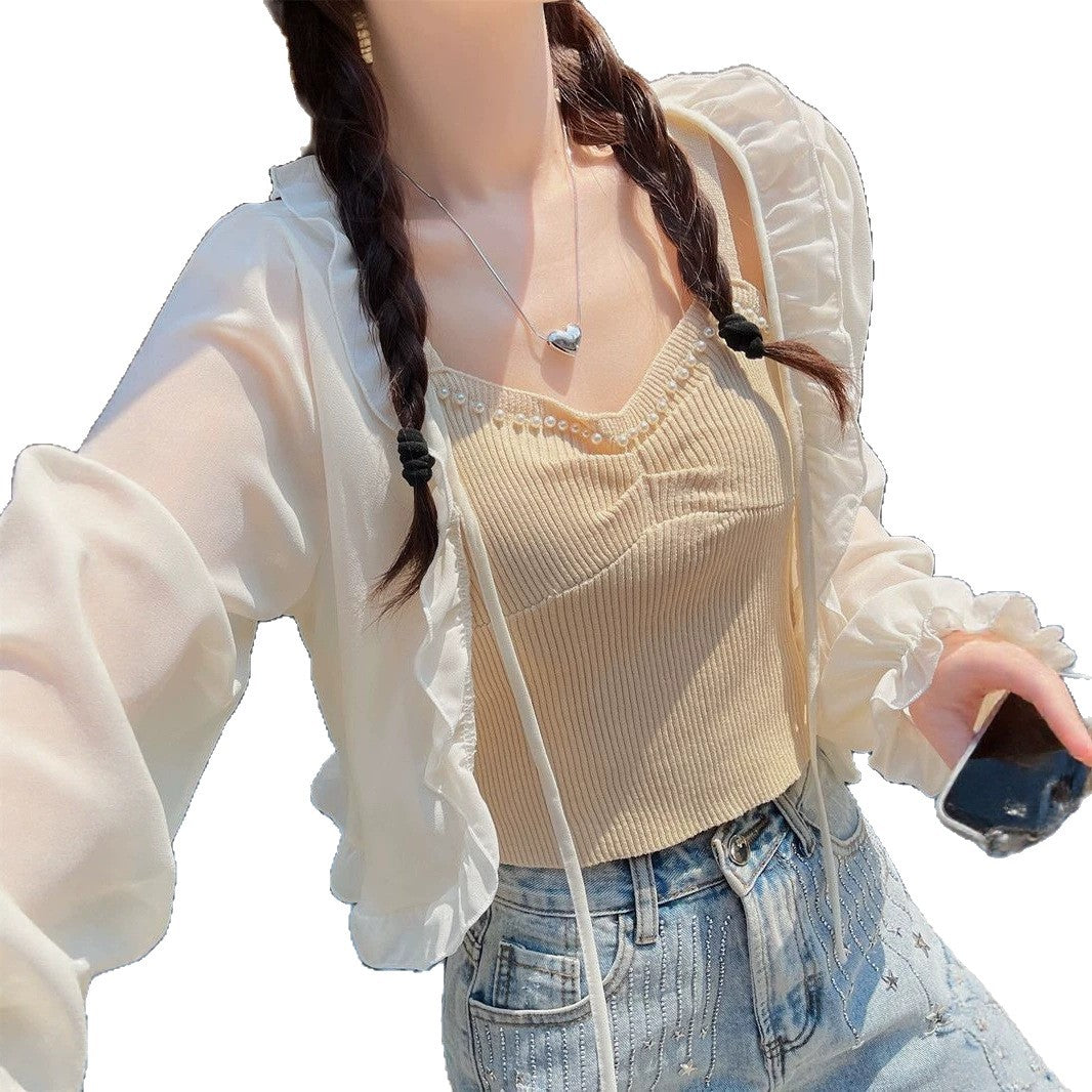 Women's Thin Summer Loose Long Sleeve With Suspender Distribution Strictly Lace Shirt, Chiffon Shirt