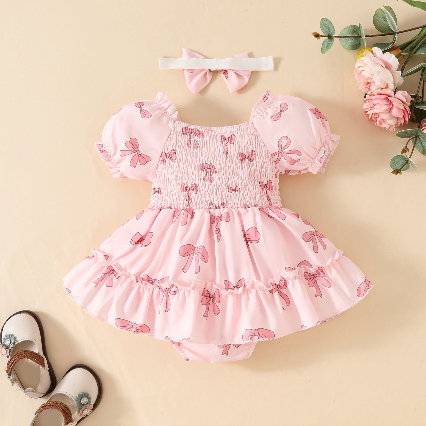 Pink Smocking Craft Short Sleeve Triangle Gown Bow Printed Square Jumpsuit, Climbing Suit