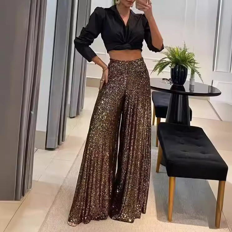 Elegant Commuter Everyday Style Solid Color Shiner Wide Leg Casual Pants