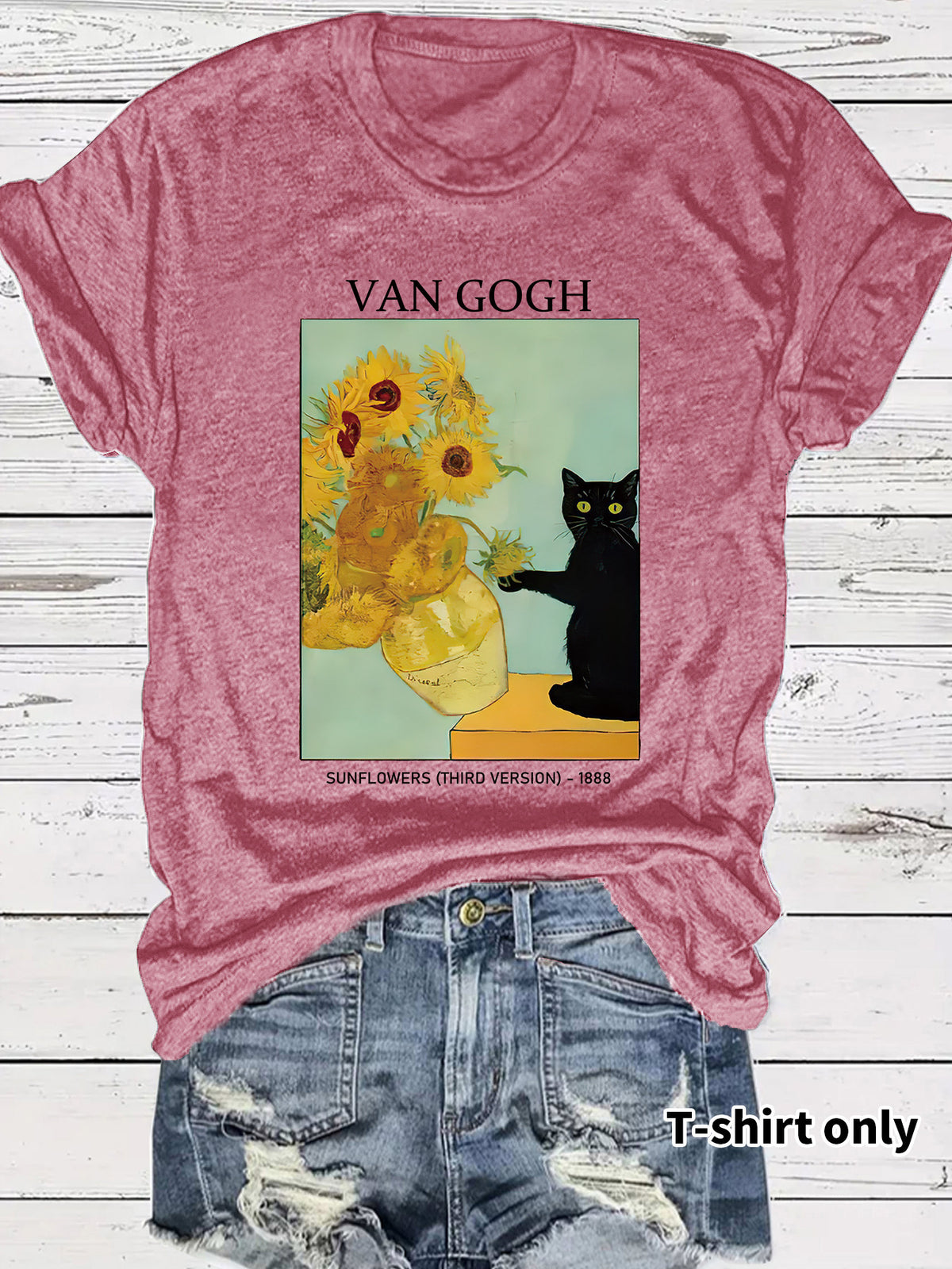 Women's Van Gogh Sunflower Cat Art Print Loose Casual Round Neck Women's T-shirt
