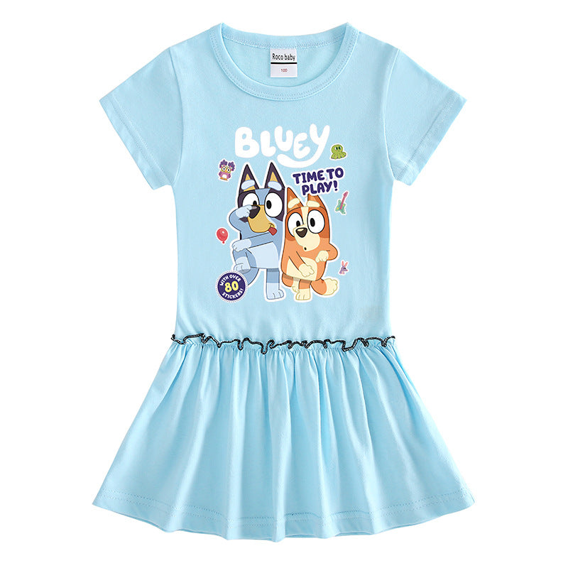 Children's Clothing Cartoon Half Sleeve Contrast Color Fashionable Pleated Children's Dress