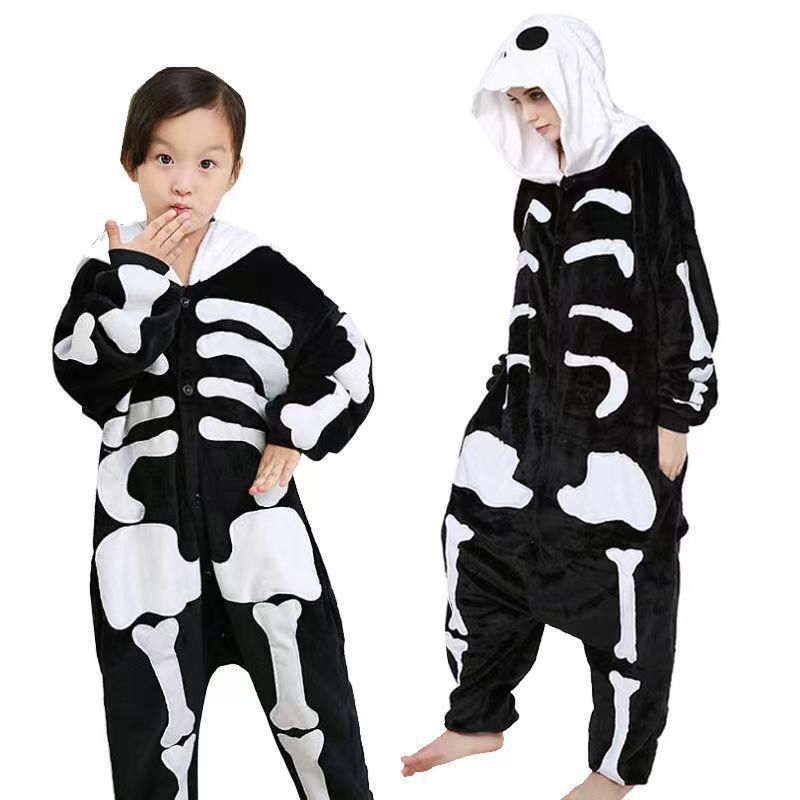 Children's Black Cat Leopard Print Flannel Cartoon One-piece Pajama Jumpsuit, Climbing Suit