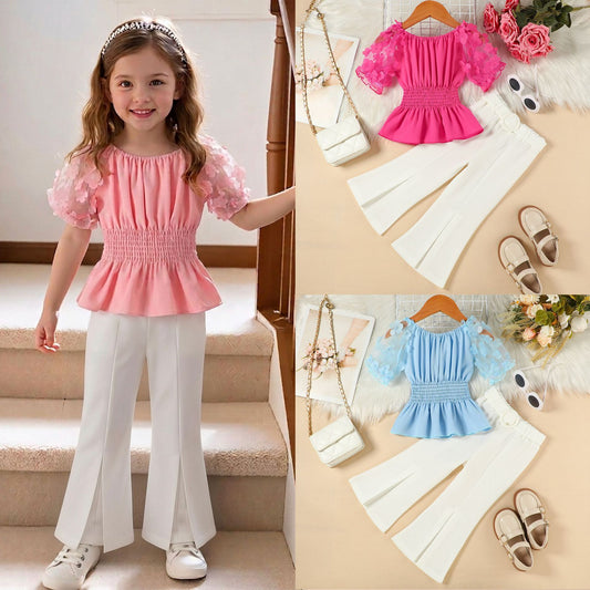 Mesh Puff Sleeve Smocking Top Solid Color Flared Pants Belt Children's Suit