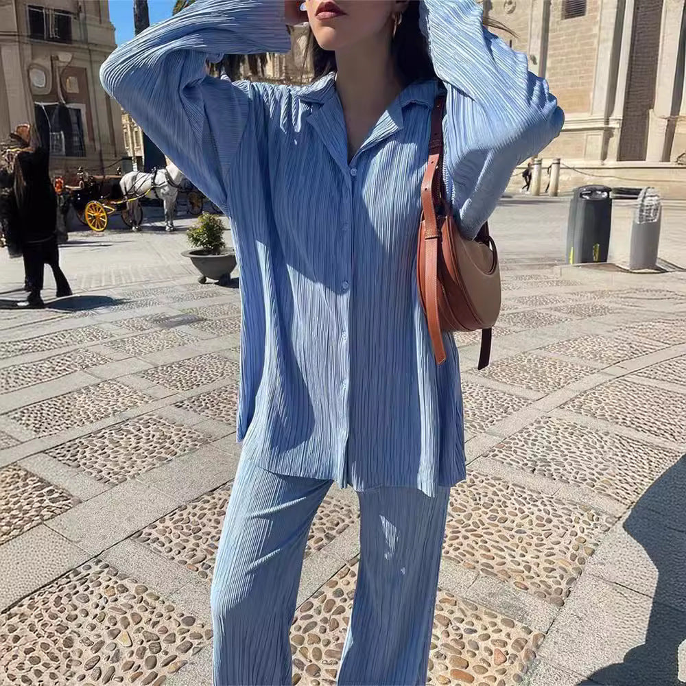Women's Spring Pleated Design Shirt Outfit Trousers Loose Two-piece Set Fashion Casual Suit