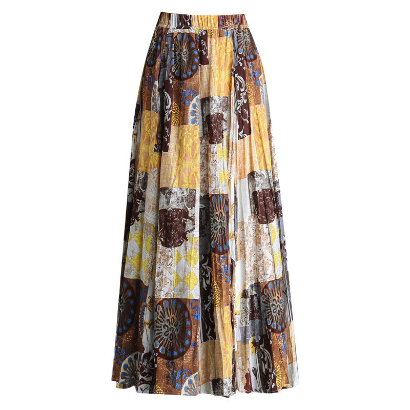 Women's Vacation Ethnic Style Contrast Color Floral Pleated Elastic High Waist Skirt
