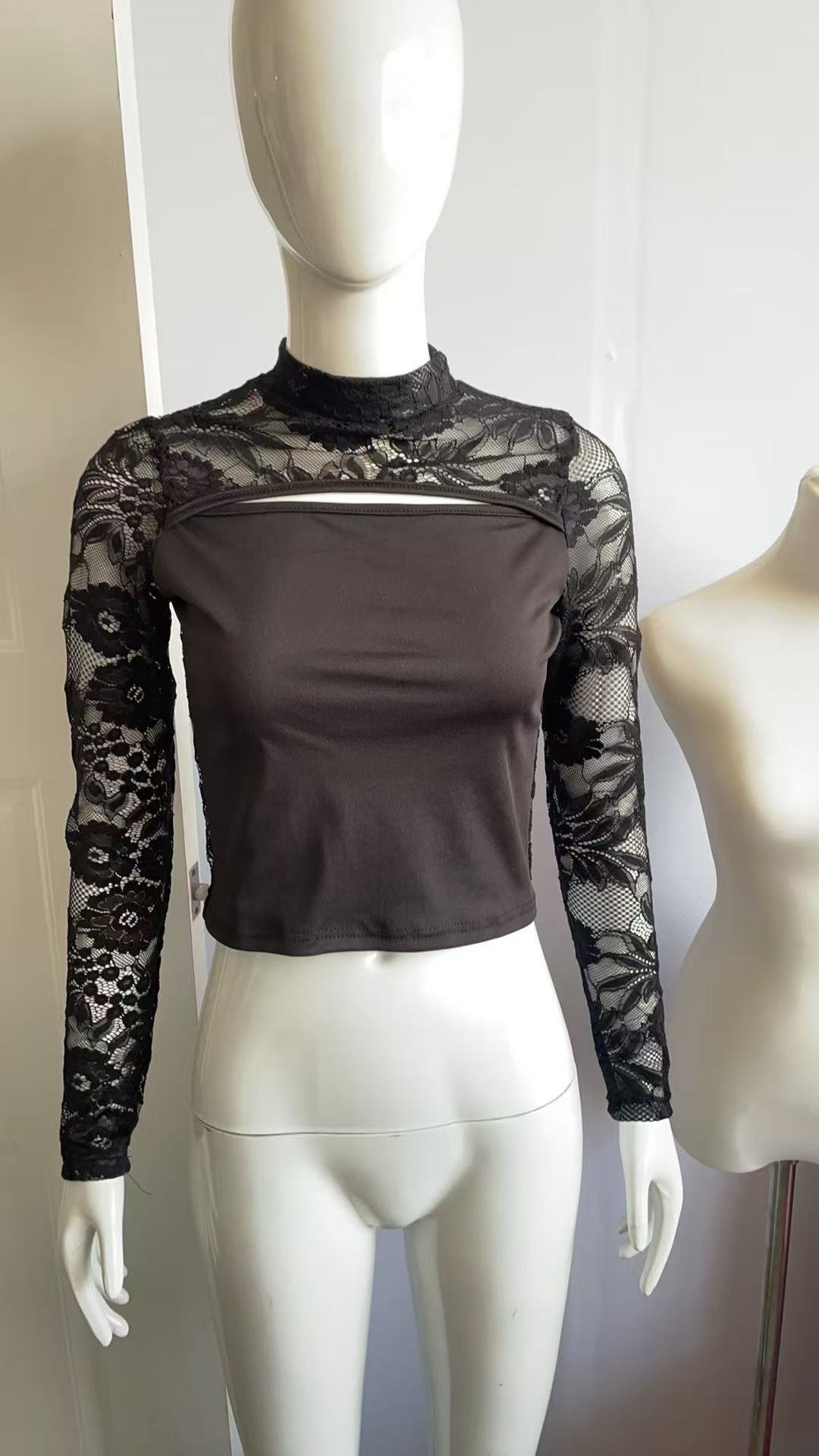 Sexy Hot Lace Stitching Design Bell Sleeve Slimming Women's T-shirt