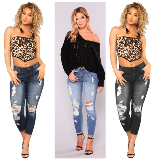 Women's Summer High Elastic Cropped Ripped Skinny Women's Jeans