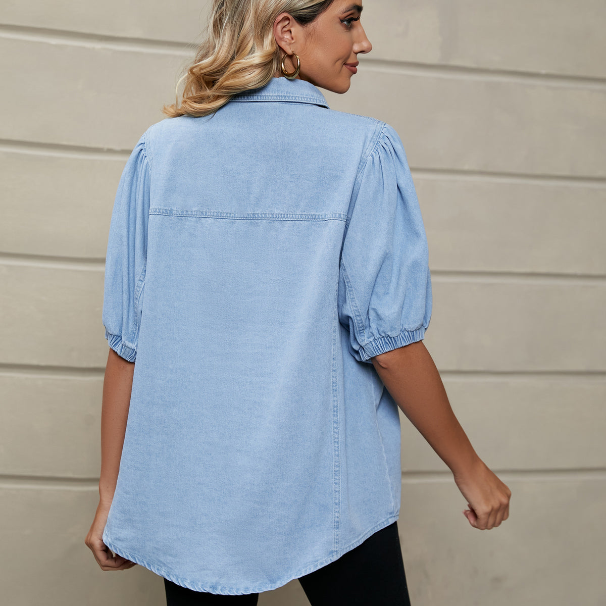 Women's Trade Elastic Princess Sleeves Denim Shirt Tops