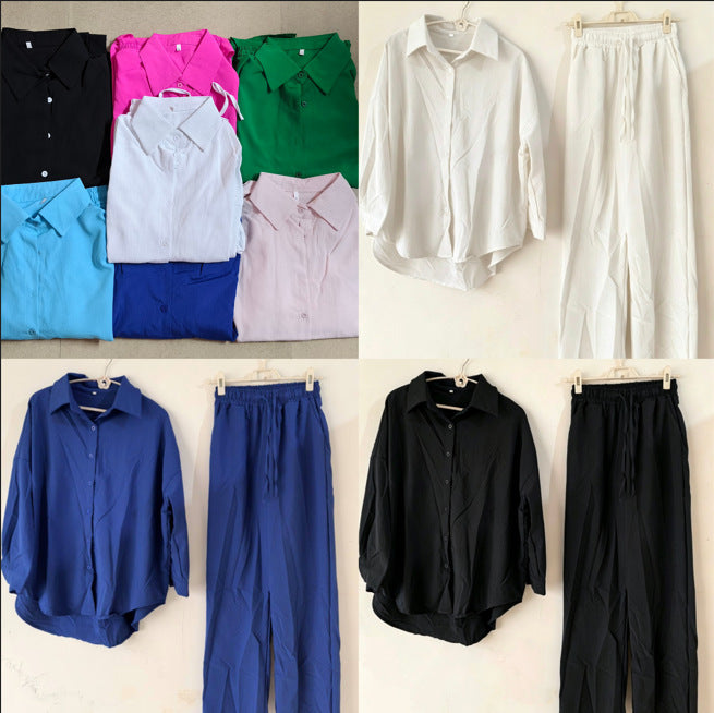 Women's Loose Elastic Wrinkle Long-sleeved Shirt Suits