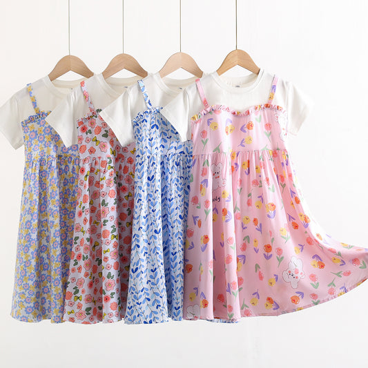 Children's Large Cotton Silk Short Sleeve Fake Two Pieces Artificial Summer Children's Dress