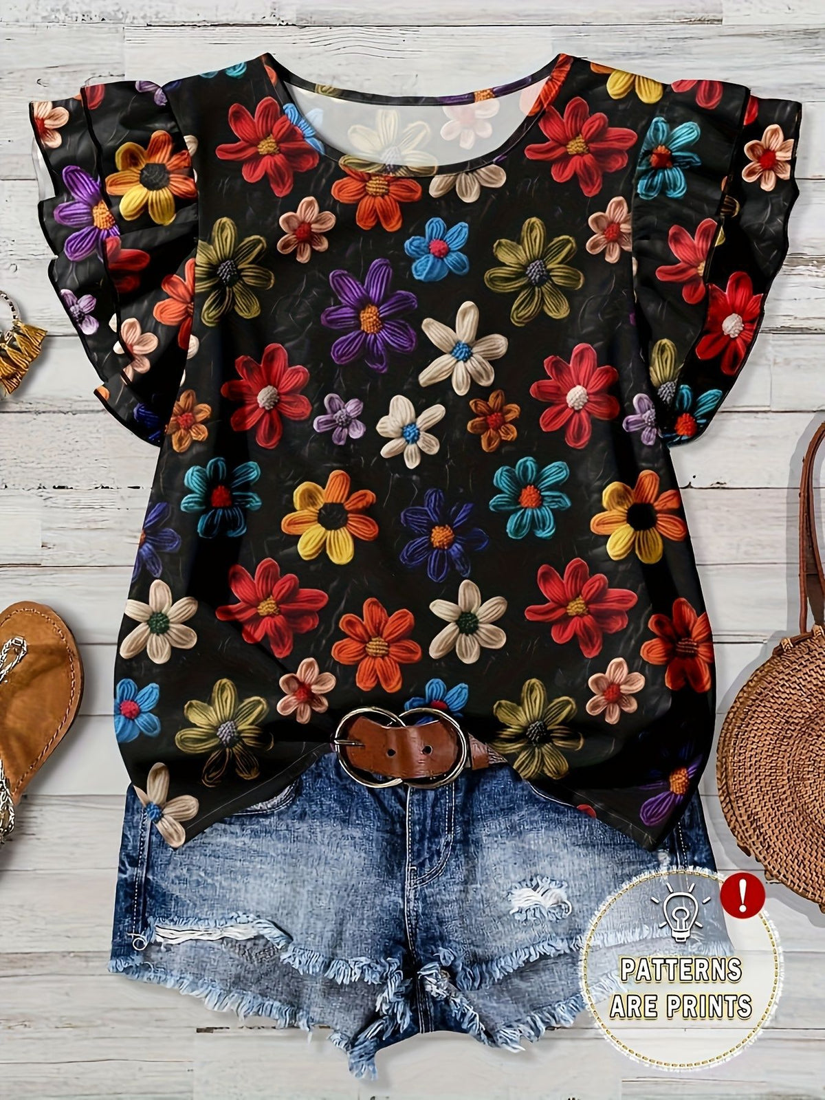 Summer Casual Fashion Floral Printed Round Large Size T-shirt