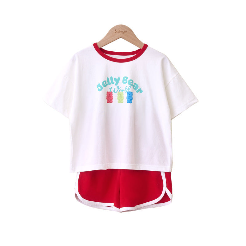 Children's Solid Color Bear Printing Two Casual Fashion Fashionable Short Children's Suit