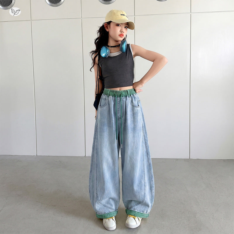 Children's Summer Thin Jeans Middle Big Waist Contrast Color Matchet Children's Pants
