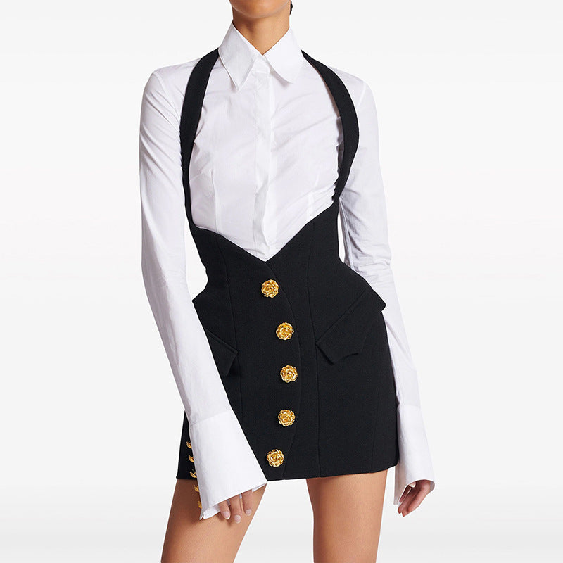 Fashionable Rose Metal Buckle Halter Hip Skirt