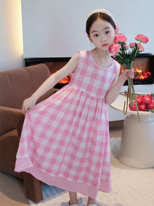 Pink Summer Seaside Skirt Sleeveless Cotton Children's Dress