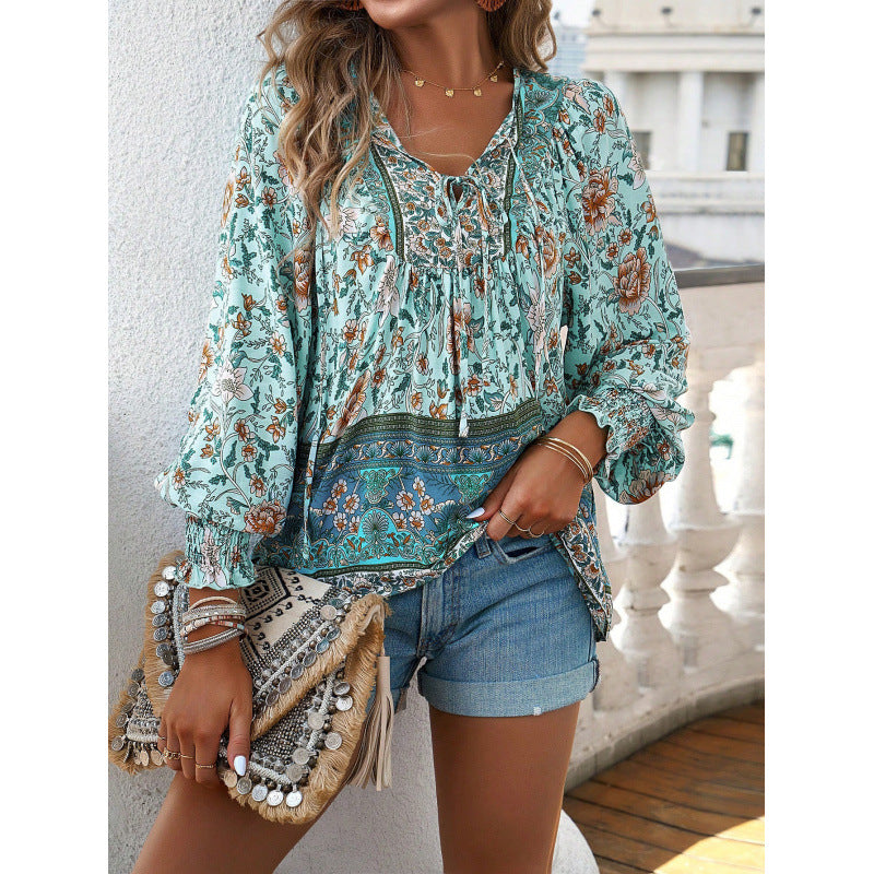Women's Bohemian Vacation Style Printed Long Sleeve Tops