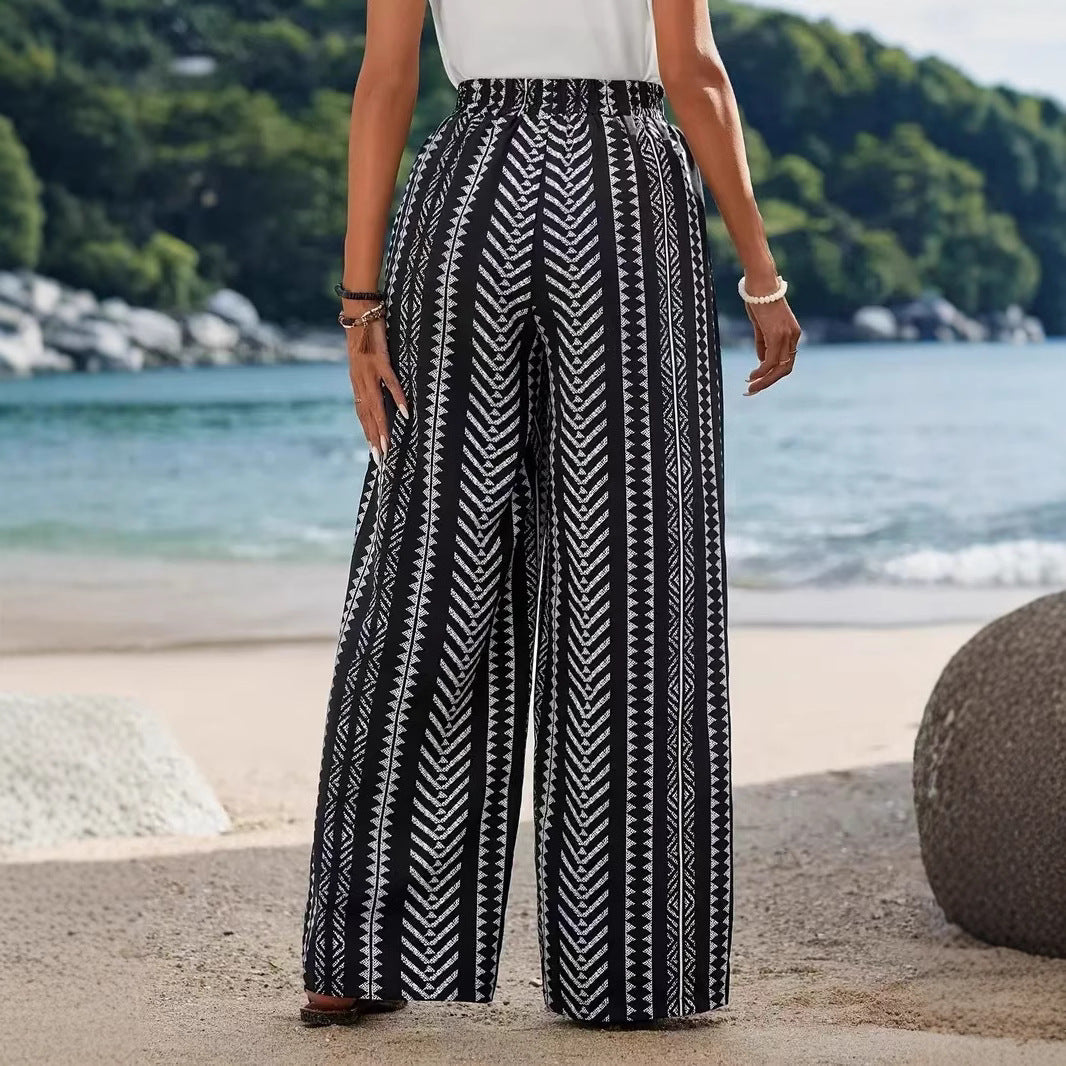 Women's Geometric Print Pattern Elastic Comfort Fashion Straight Casual Pants