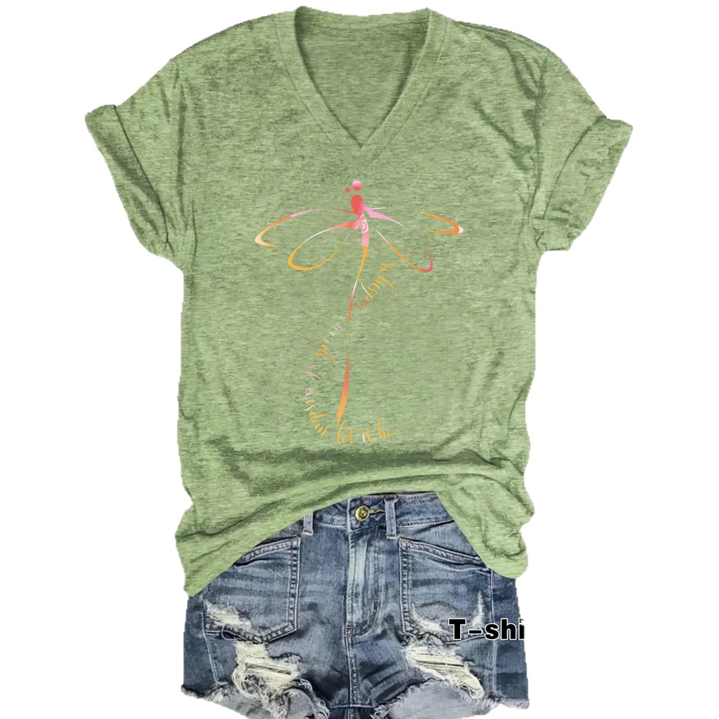 Women's Summer High-grade Dragonfly Letter Slogan Printed Women's T-shirt