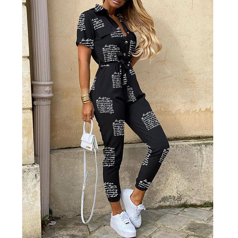 Women's Summer Trousers Lapel Button Printed Belt Casual Pants