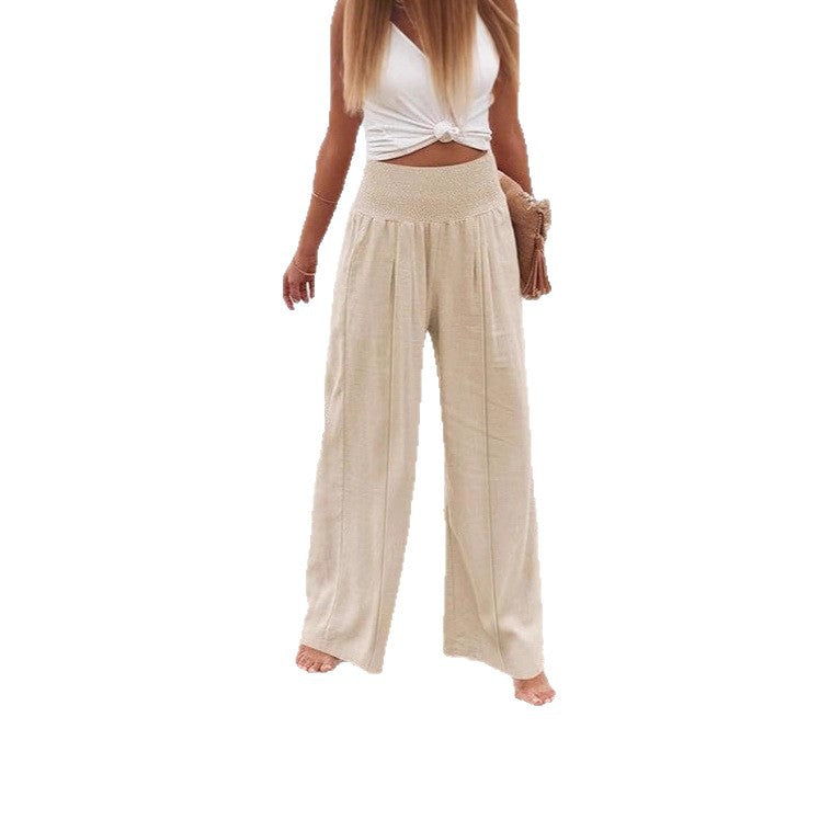 Women's Solid Color Elastic Waist Wide Leg Trousers Casual Pants