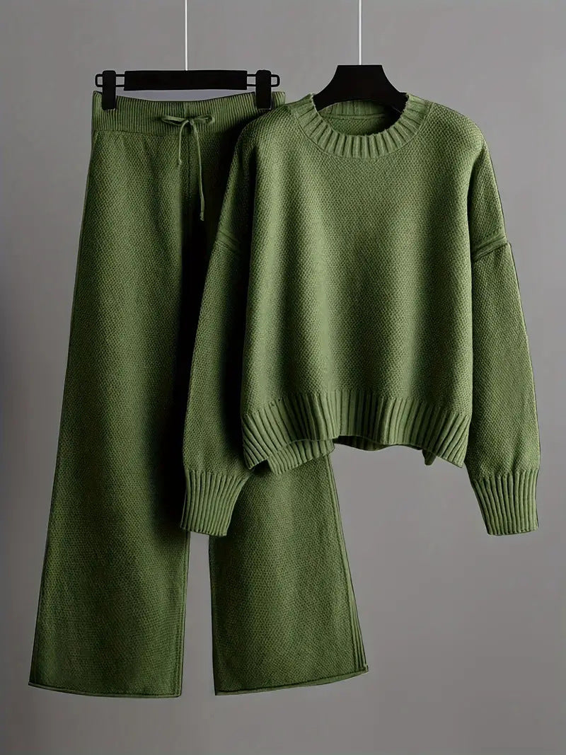 Women's Knitted Two-piece Crew Neck Pullover Straight Fashion Casual Suit