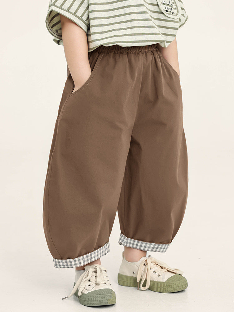 Children's Summer Korean Plaid Contrast Color Cropped Wide Children's Pants