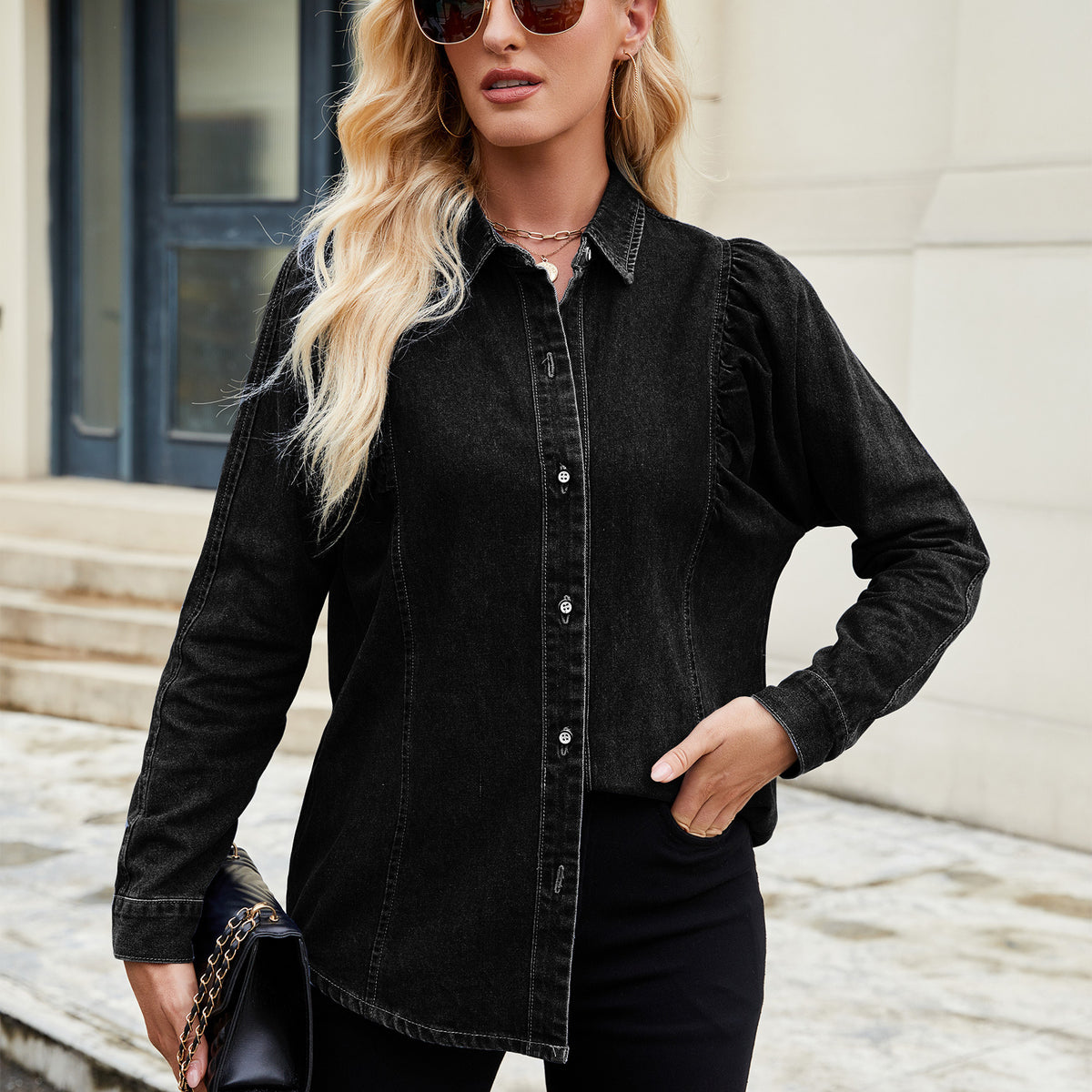 Women's Washed Shrug Denim Long Sleeve Shirt Tops