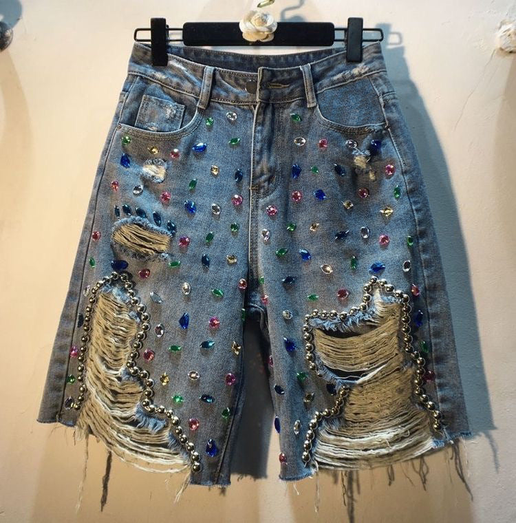 Women's Color Rhinestone Beaded Ripped Denim Diamond Studded Women's Jeans