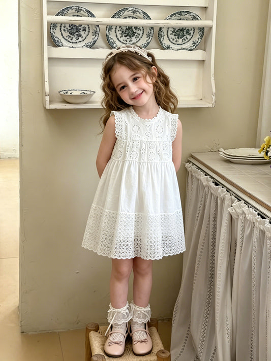 Summer French Lace Sleeveless Princess White Children's Dress