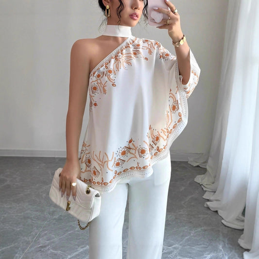 Women's Retro Style Shoulder Halter Tie Bow Fashion Loose Women's T-shirt