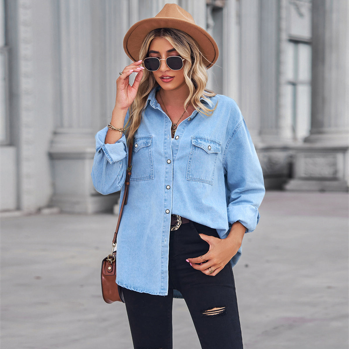 Women's Color Figure Flattering Thin Denim Long Sleeve Shirt Blouse
