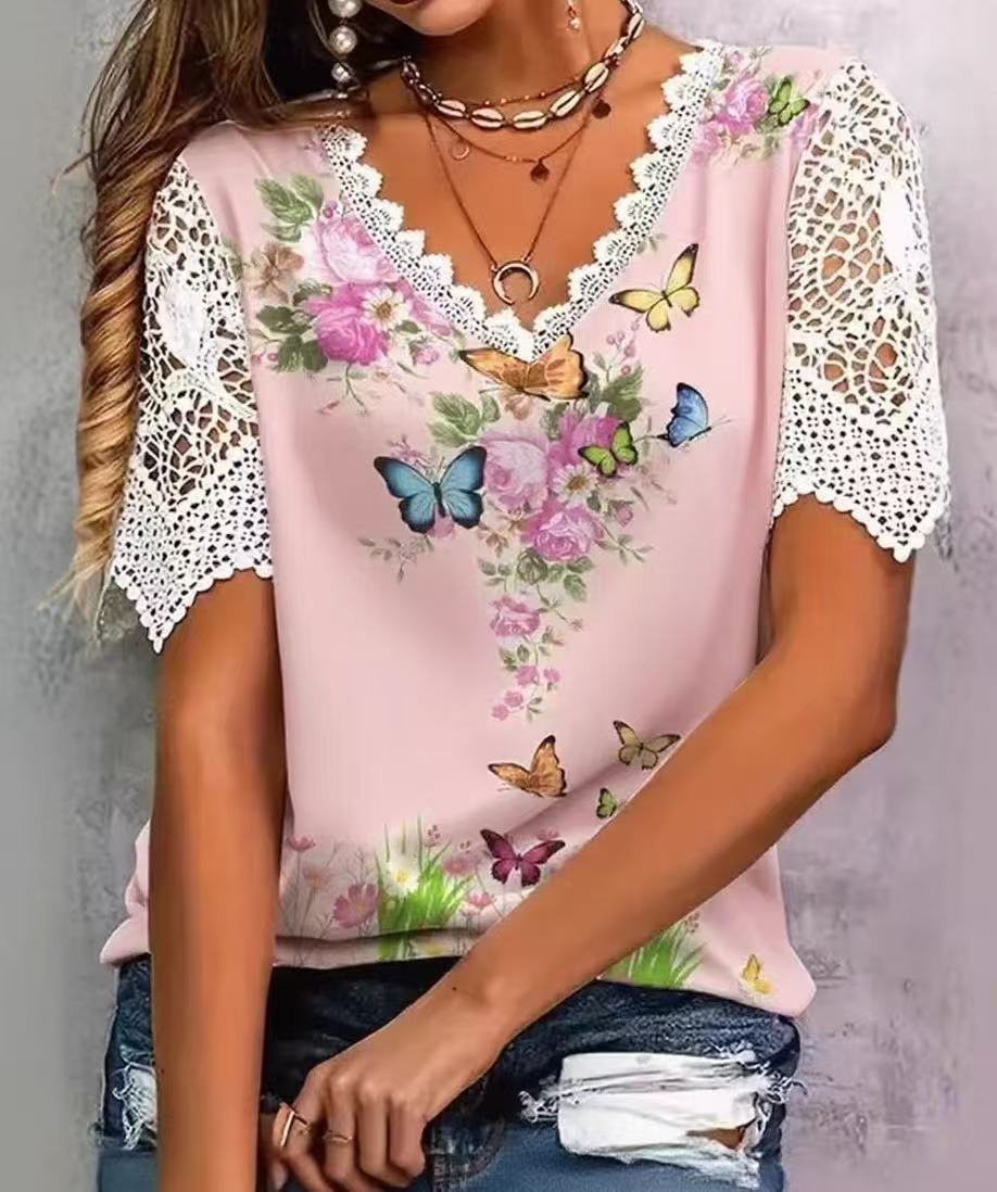 Women's Lace Stitching Fashion Printing Sleeve Female Tops