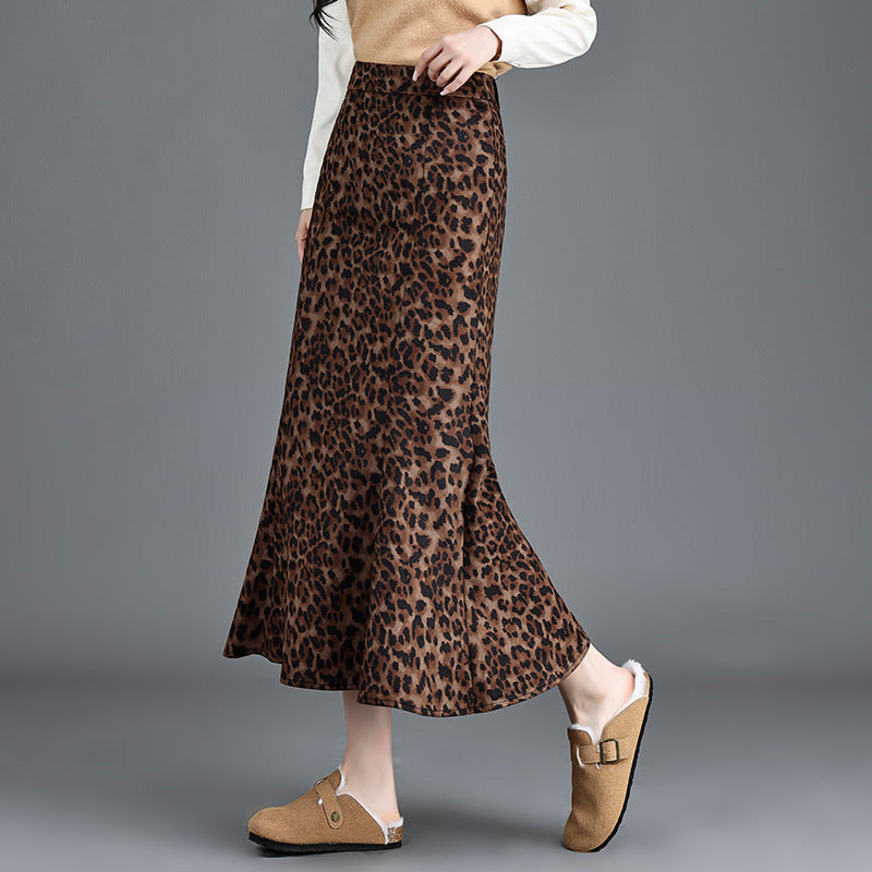 Women's Waist Slimming Leopard Print Mid-length Fishtail Temperament Dress Skirts