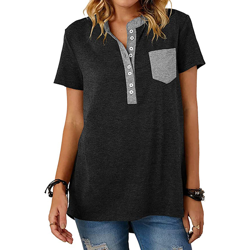 Women's Casual Pocket Stitching Loose Short-sleeved Women's T-shirt