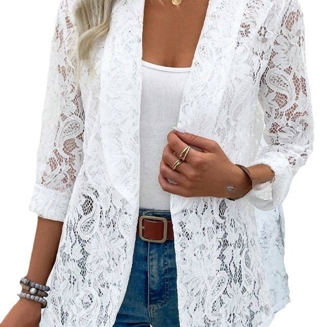 Women's Western Style Solid Color Casual Outerwear Lace Shirt, Chiffon Shirt