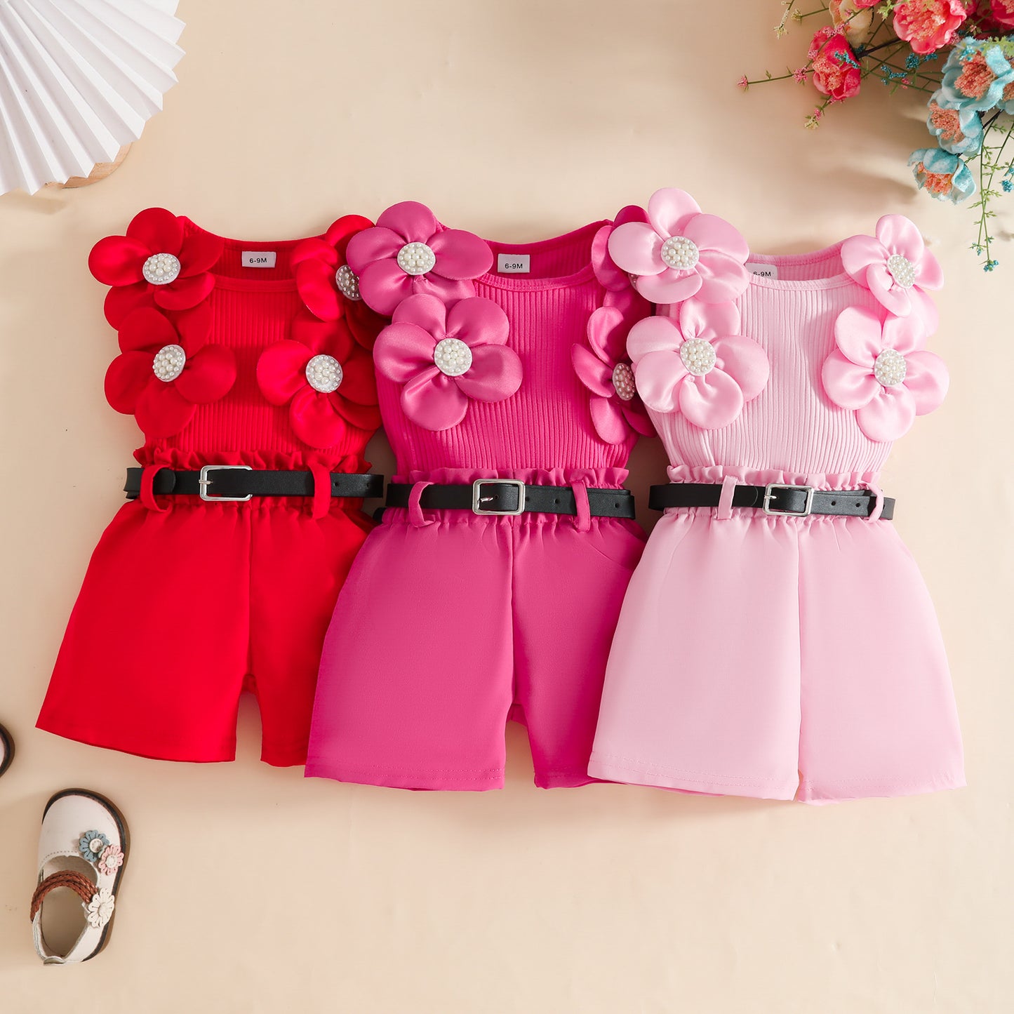 Sleeveless Big Flower Sunken Stripe Top Belt Children's Suit