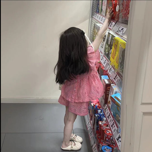 Sleeveless Pink Cotton Flying Sleeve Jacket Shorts Two-piece Children's Suit
