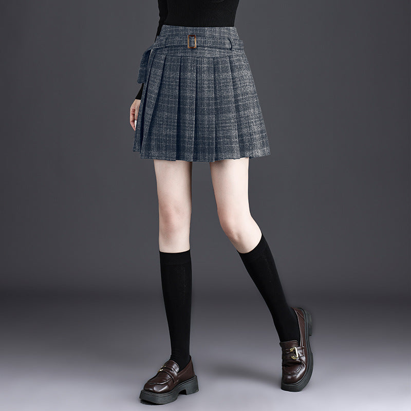 Women's Gray Plaid Pleated Thick High Waist A- Skirt
