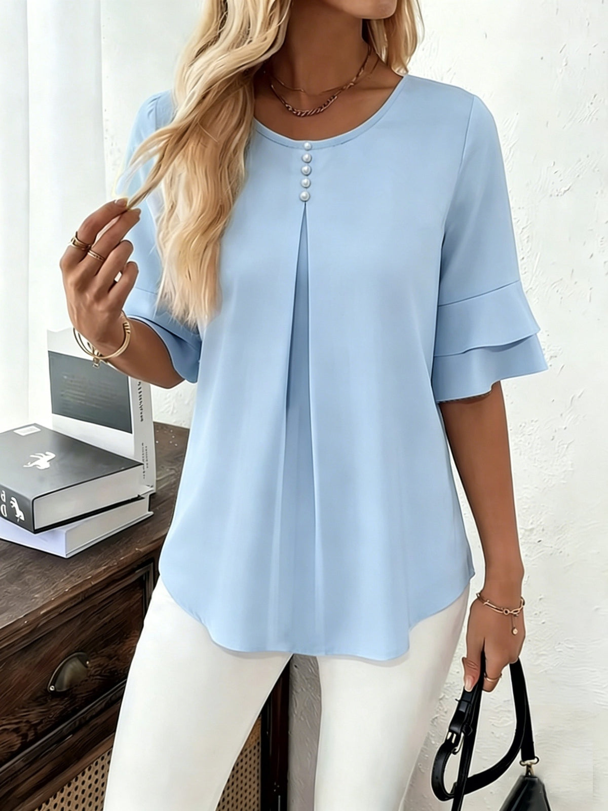 Women's Casual Comfortable Loose Slimming Double Layer Ruffled Blouse