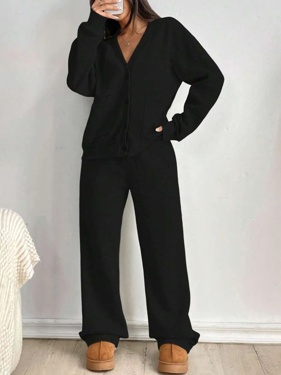 Women's Simple Pocket Sweatshirt Button Solid Color Fashion Casual Suit