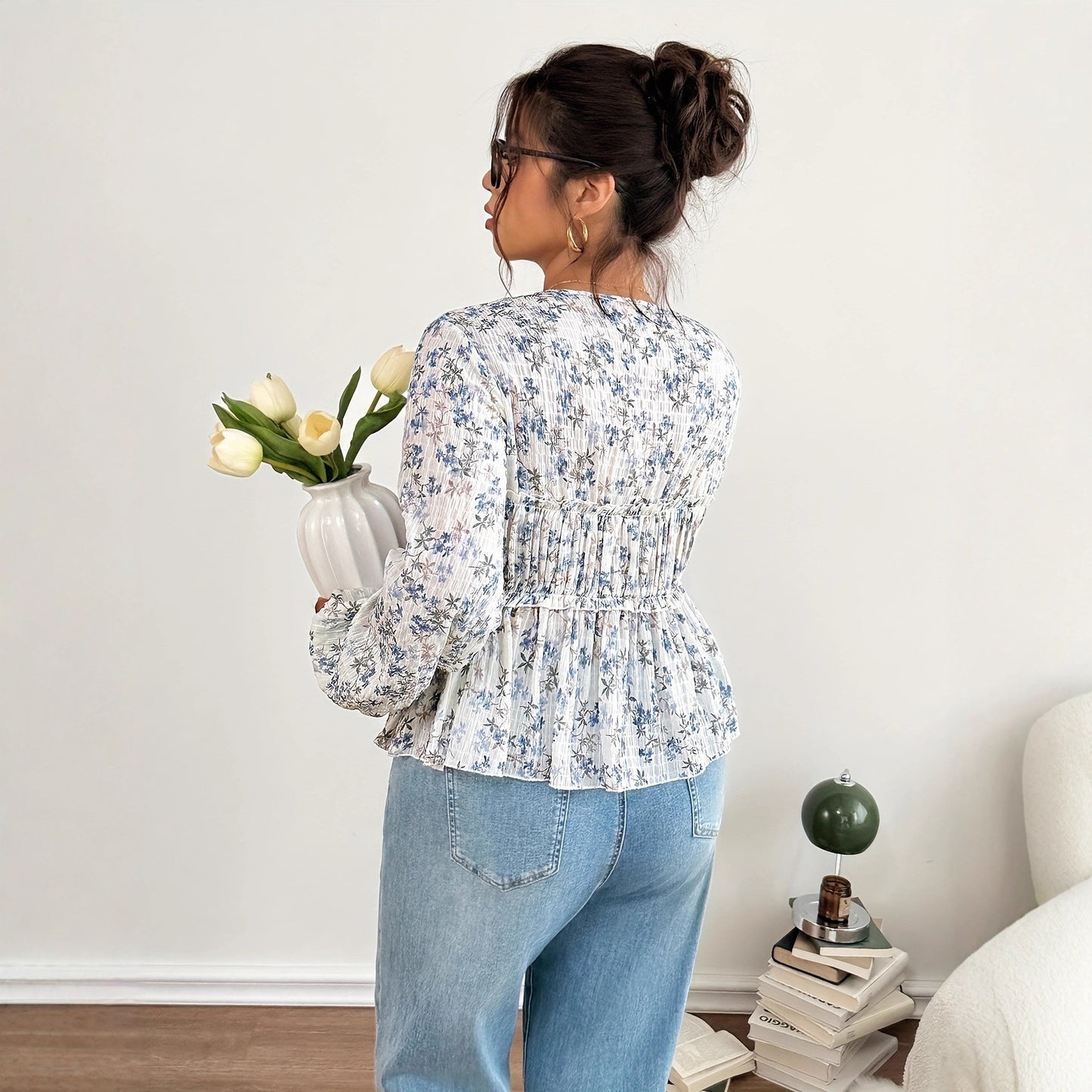 Floral Collar Long Sleeve Pleated Elastic Waist Casual Word With Tops