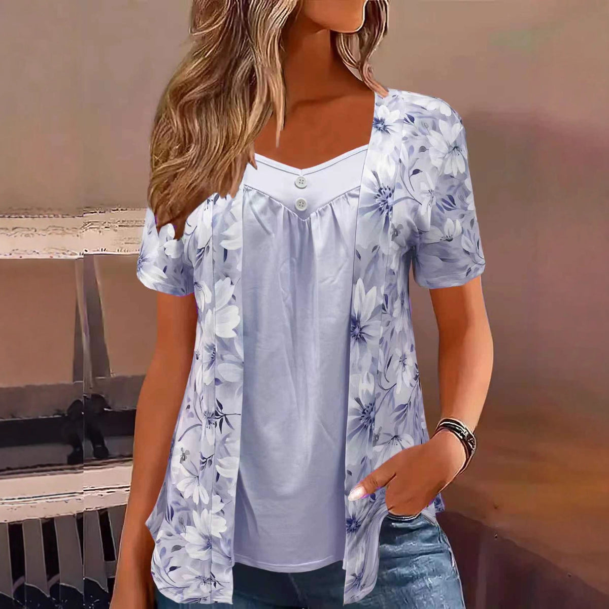 Women's Fake Two Pieces Sleeve Printed Fashion Large Size T-shirt