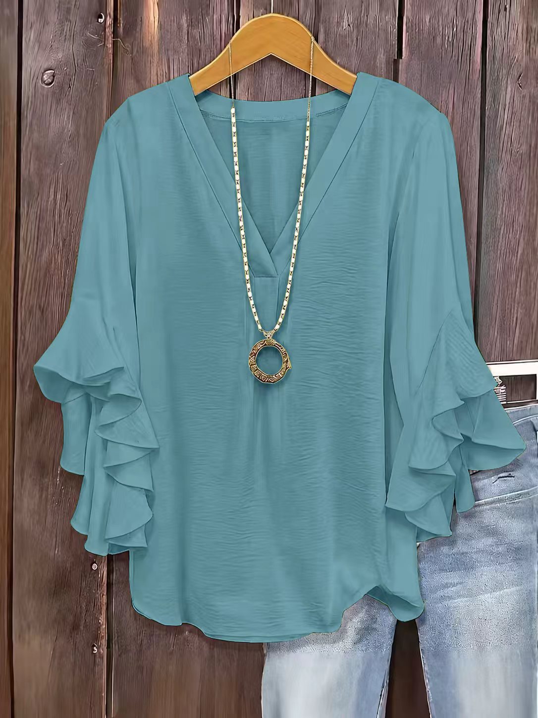 Women's Elegant Fashion Button Detail Ruffle Sleeve Blouse