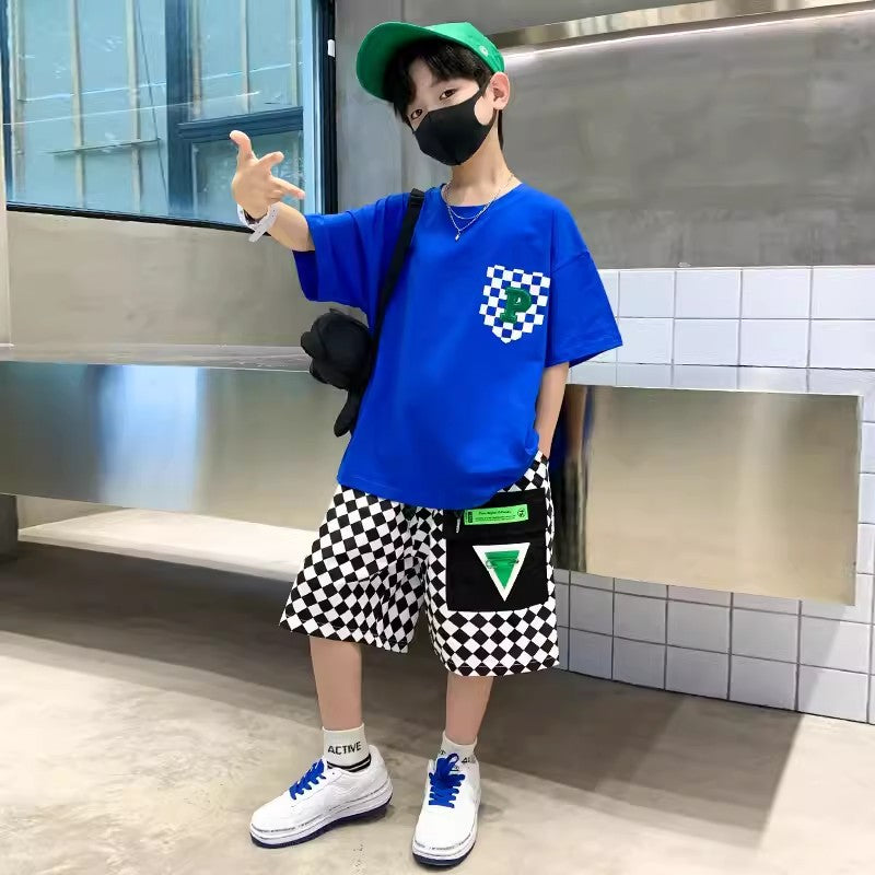 Children's Boy Summer Thin Middle Big Short Sleeve Two-piece Handsome Fashionable Children's Suit